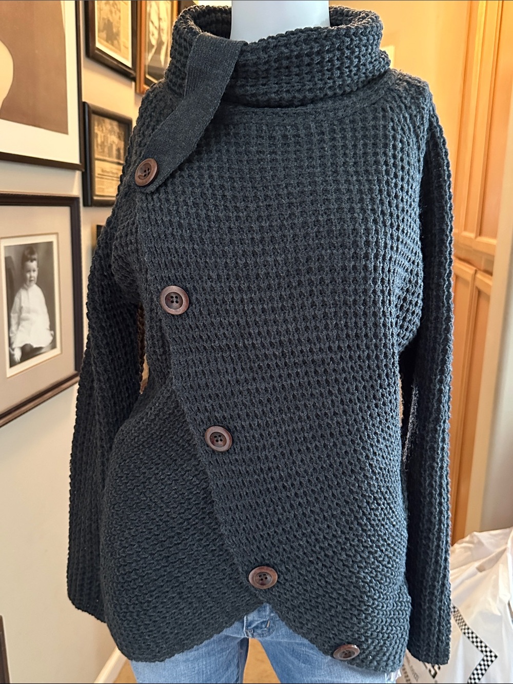 Zenana Outfitters Dark Gray Waffle Knit Asymmetric Button Turtleneck